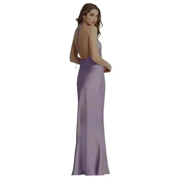 BCBG MAXAZRIA Women's Lavender Acrylic/Poly Satin Long Halter Spaghetti Strap Dr - Picture 1 of 9